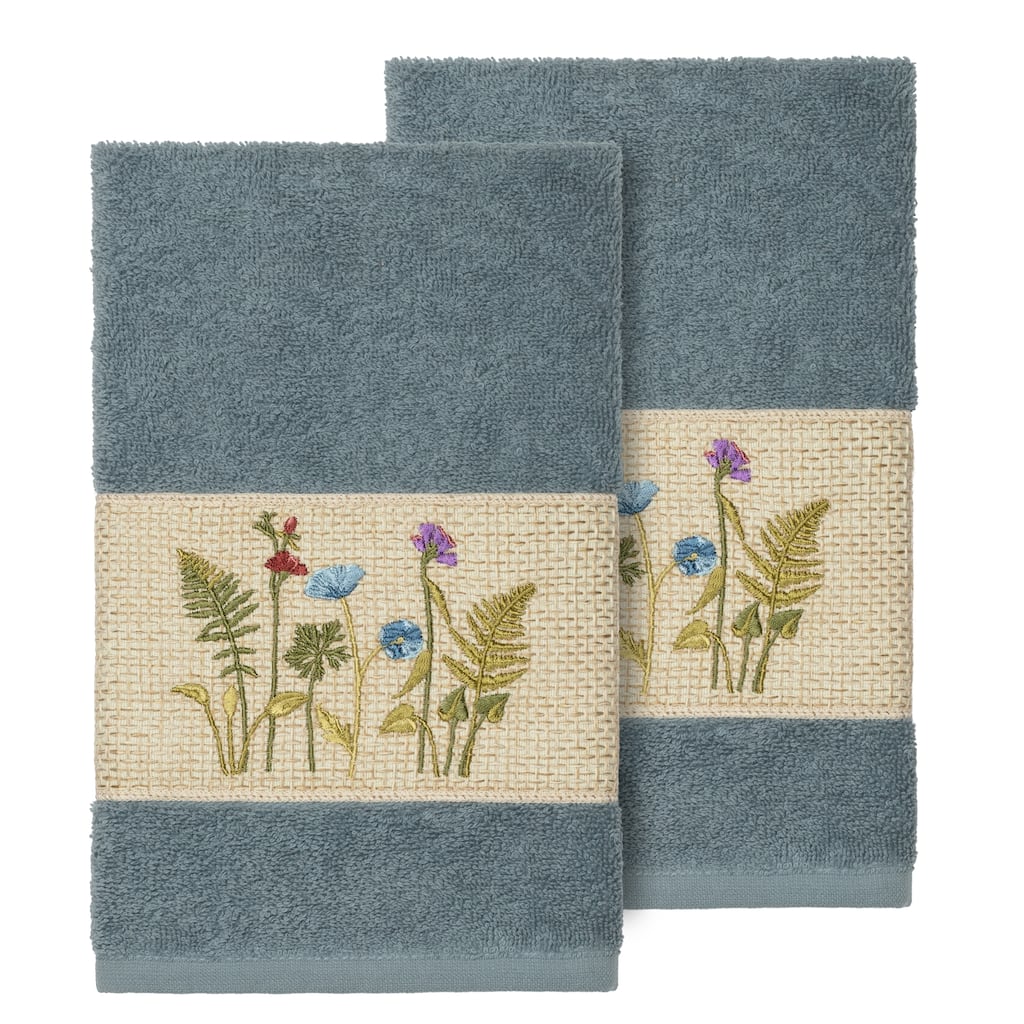 Authentic Hotel and Spa Teal Blue Turkish Cotton Wildflowers Embroidered Hand Towels (Set of 2)