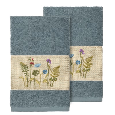 Authentic Hotel and Spa Teal Blue Turkish Cotton Wildflowers Embroidered Hand Towels (Set of 2)