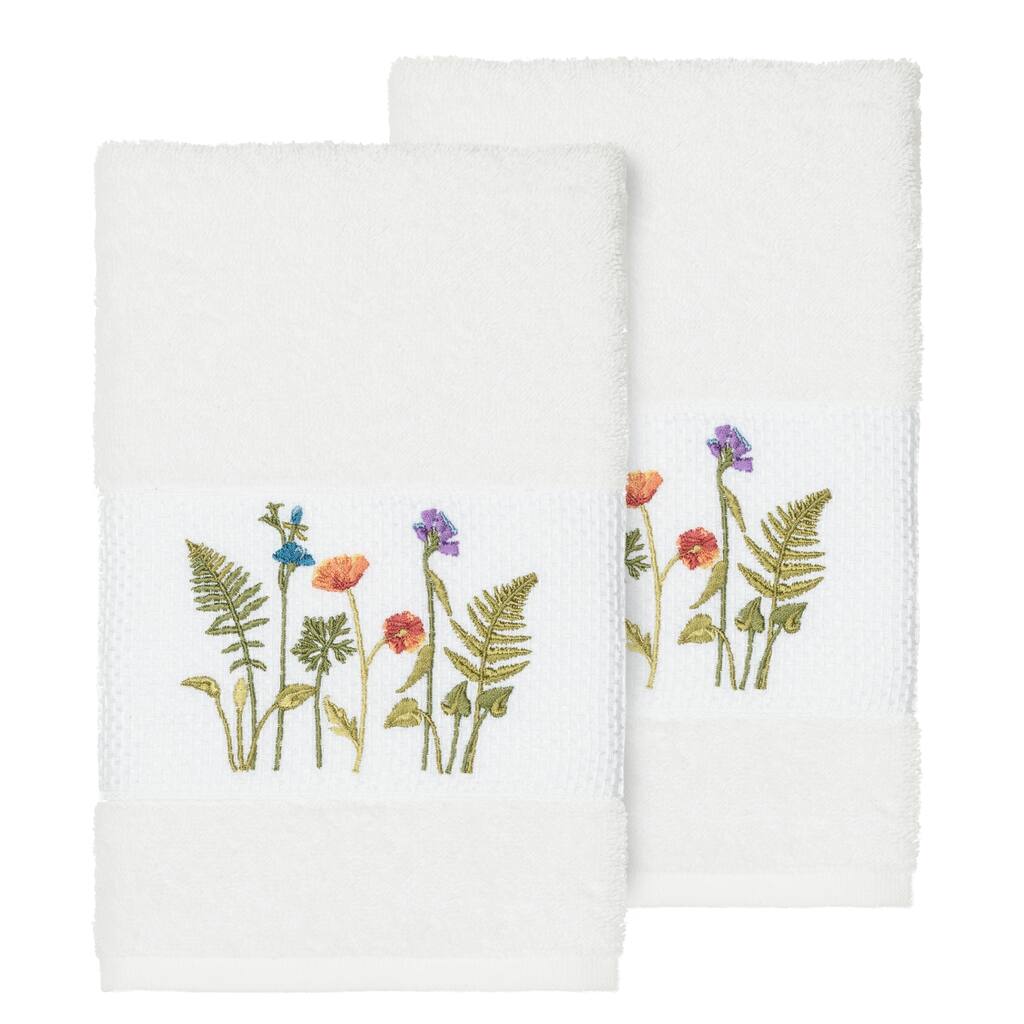 Authentic Hotel and Spa White Turkish Cotton Wildflowers Embroidered Hand Towels (Set of 2)