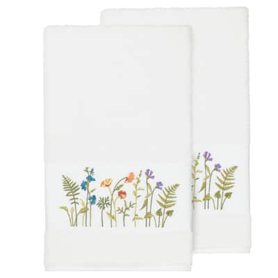 Authentic Hotel and Spa White Turkish Cotton Wildflowers Embroidered Bath Towels (Set of 2)