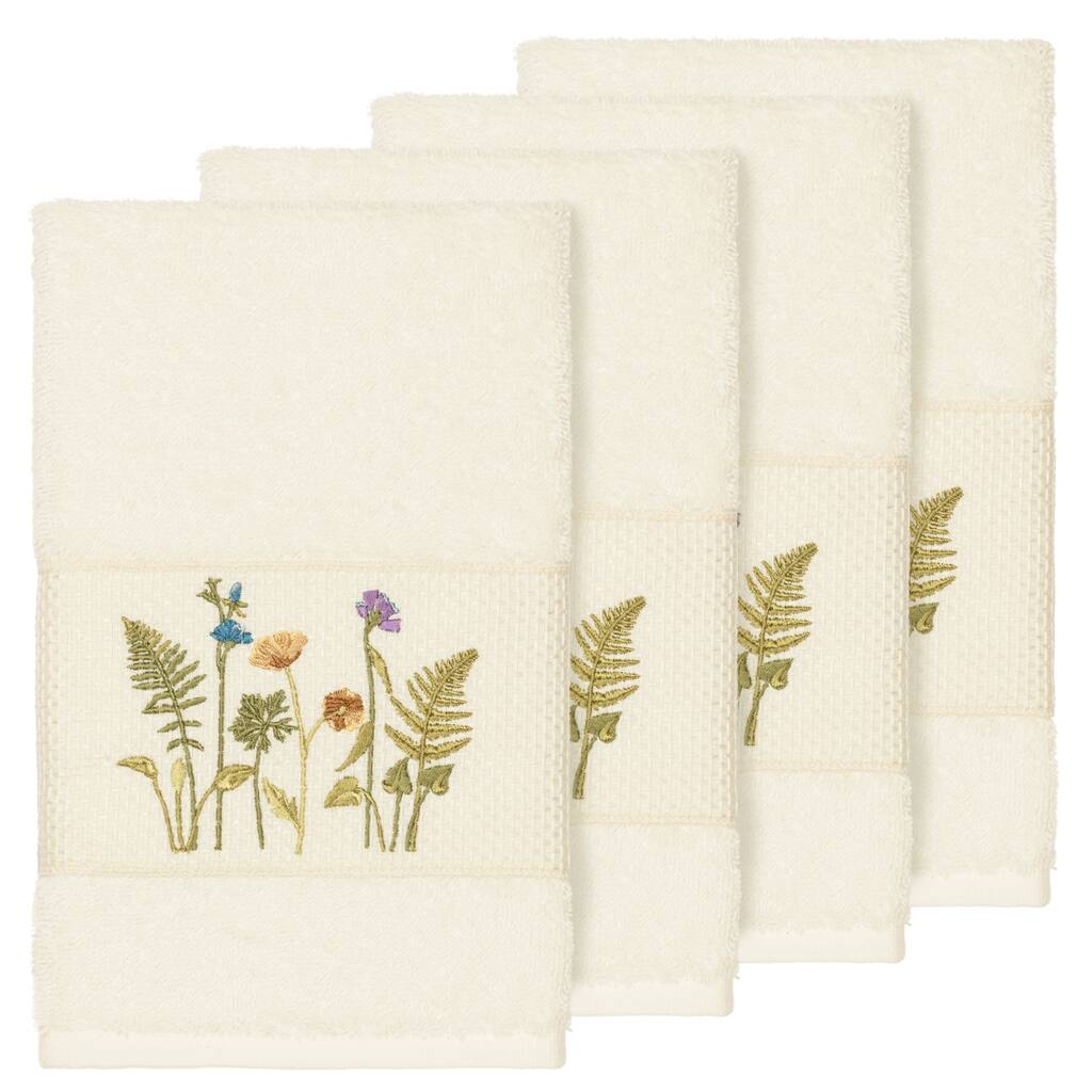 Authentic Hotel and Spa Cream Turkish Cotton Wildflowers Embroidered Hand Towels (Set of 4)