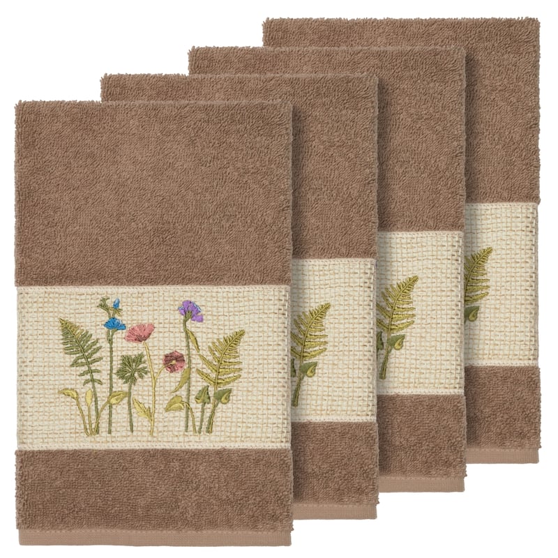 Authentic Hotel and Spa Brown Turkish Cotton Wildflowers Embroidered Hand Towels (Set of 4) - Latte