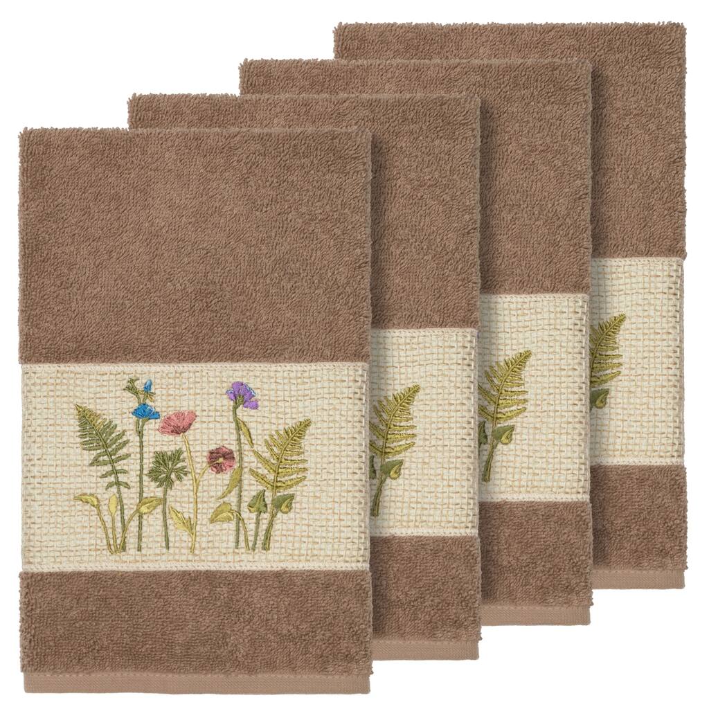 Authentic Hotel and Spa Brown Turkish Cotton Wildflowers Embroidered Hand Towels (Set of 4)