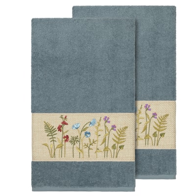 Authentic Hotel and Spa Teal Blue Turkish Cotton Wildflowers Embroidered Bath Towels (Set of 2)