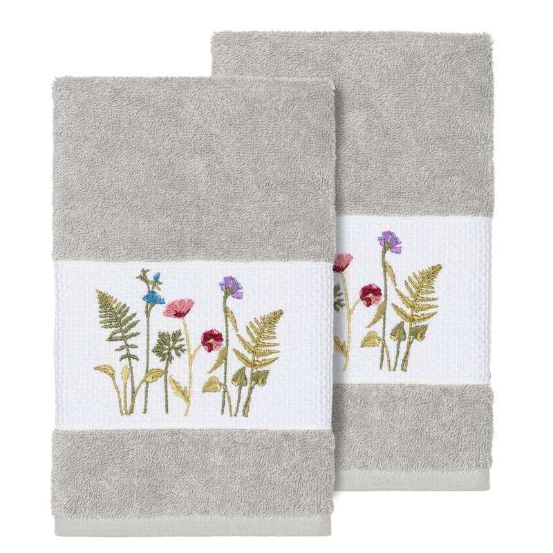 Authentic Hotel and Spa Grey Turkish Cotton Wildflowers Embroidered Hand Towels (Set of 2)