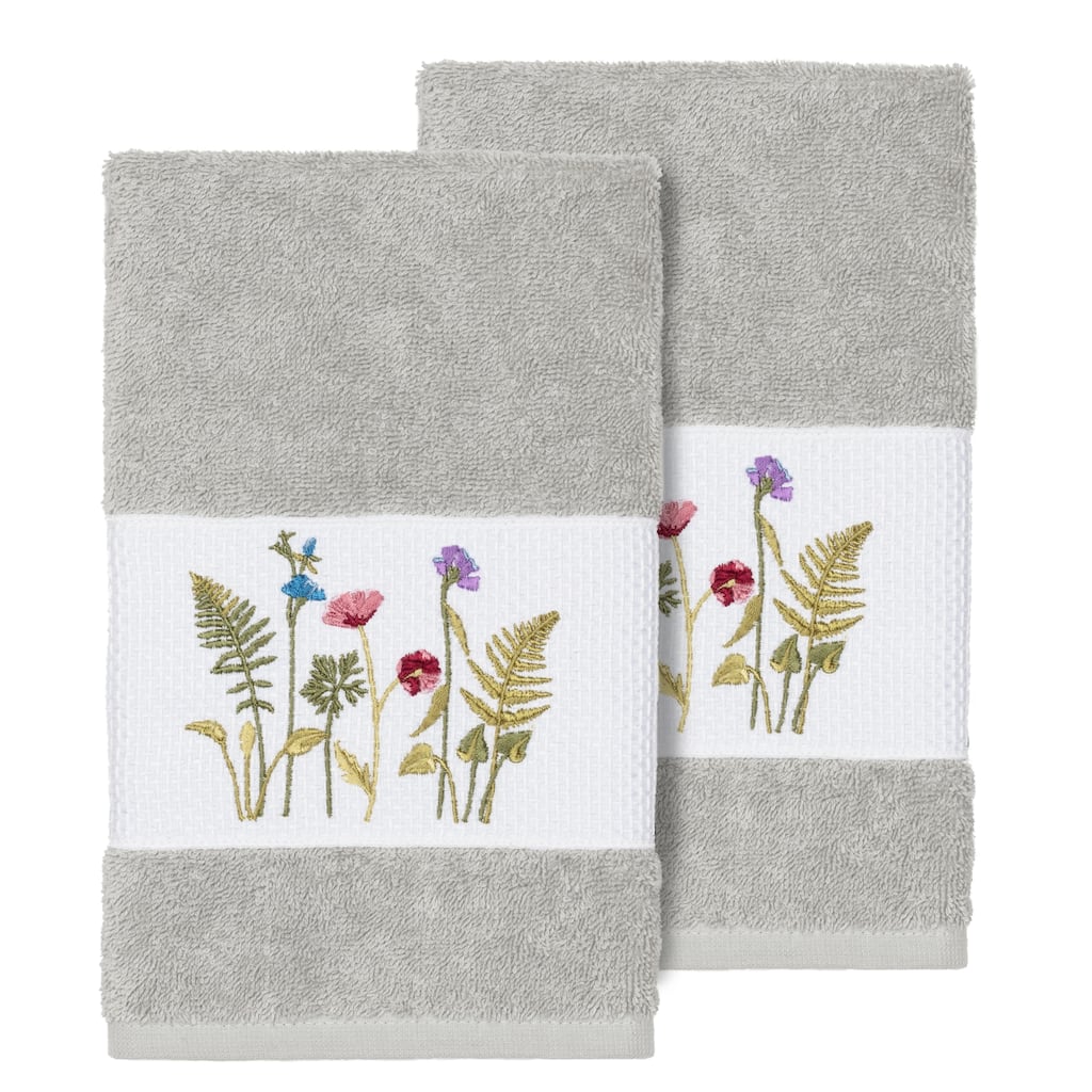 Authentic Hotel and Spa Grey Turkish Cotton Wildflowers Embroidered Hand Towels (Set of 2)