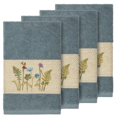 Authentic Hotel and Spa Teal Blue Turkish Cotton Wildflowers Embroidered Hand Towels (Set of 4)