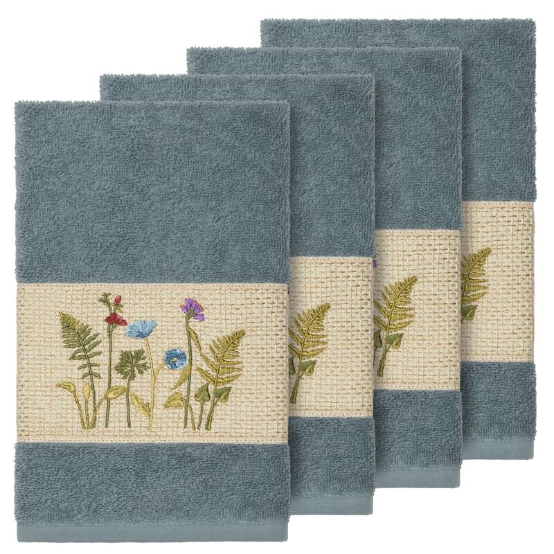 Authentic Hotel and Spa Teal Blue Turkish Cotton Wildflowers Embroidered Hand Towels (Set of 4)