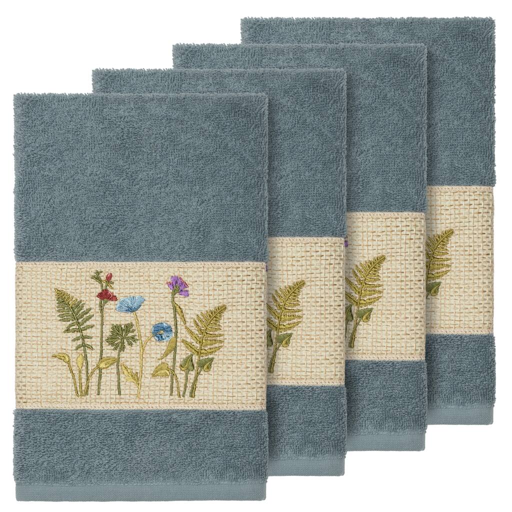 Authentic Hotel and Spa Teal Blue Turkish Cotton Wildflowers Embroidered Hand Towels (Set of 4)