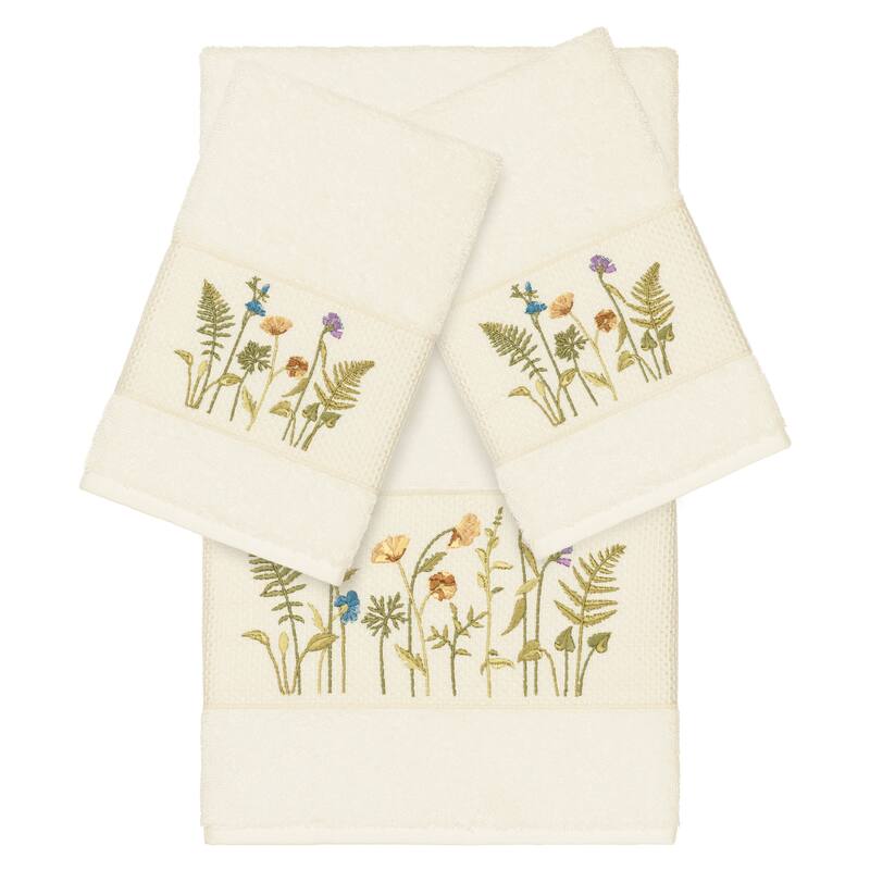 Authentic Hotel and Spa Cream Turkish Cotton Wildflowers Embroidered 3 piece Towel Set