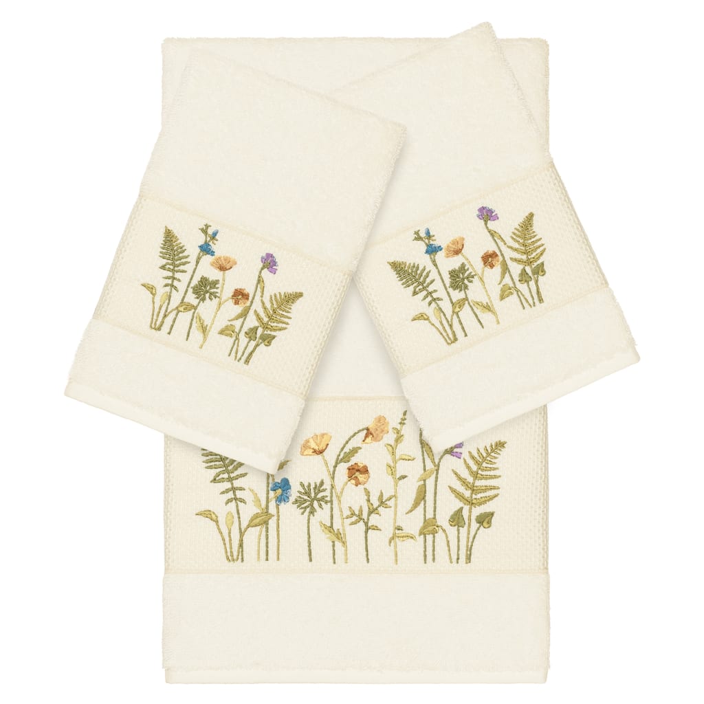 Authentic Hotel and Spa Cream Turkish Cotton Wildflowers Embroidered 3 piece Towel Set