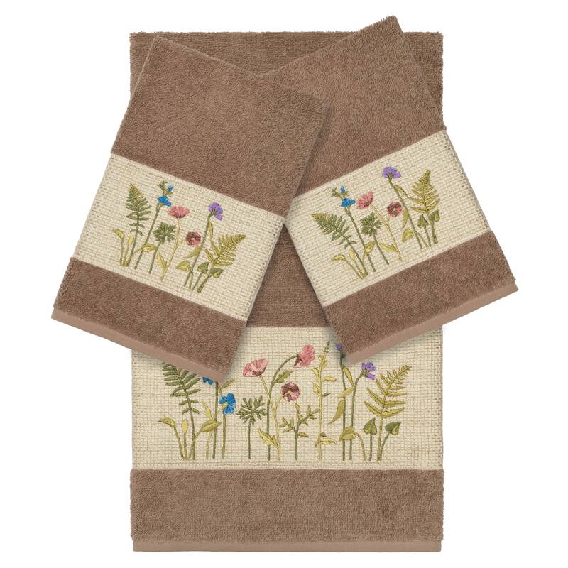 Authentic Hotel and Spa Brown Turkish Cotton Wildflowers Embroidered 3 piece Towel Set