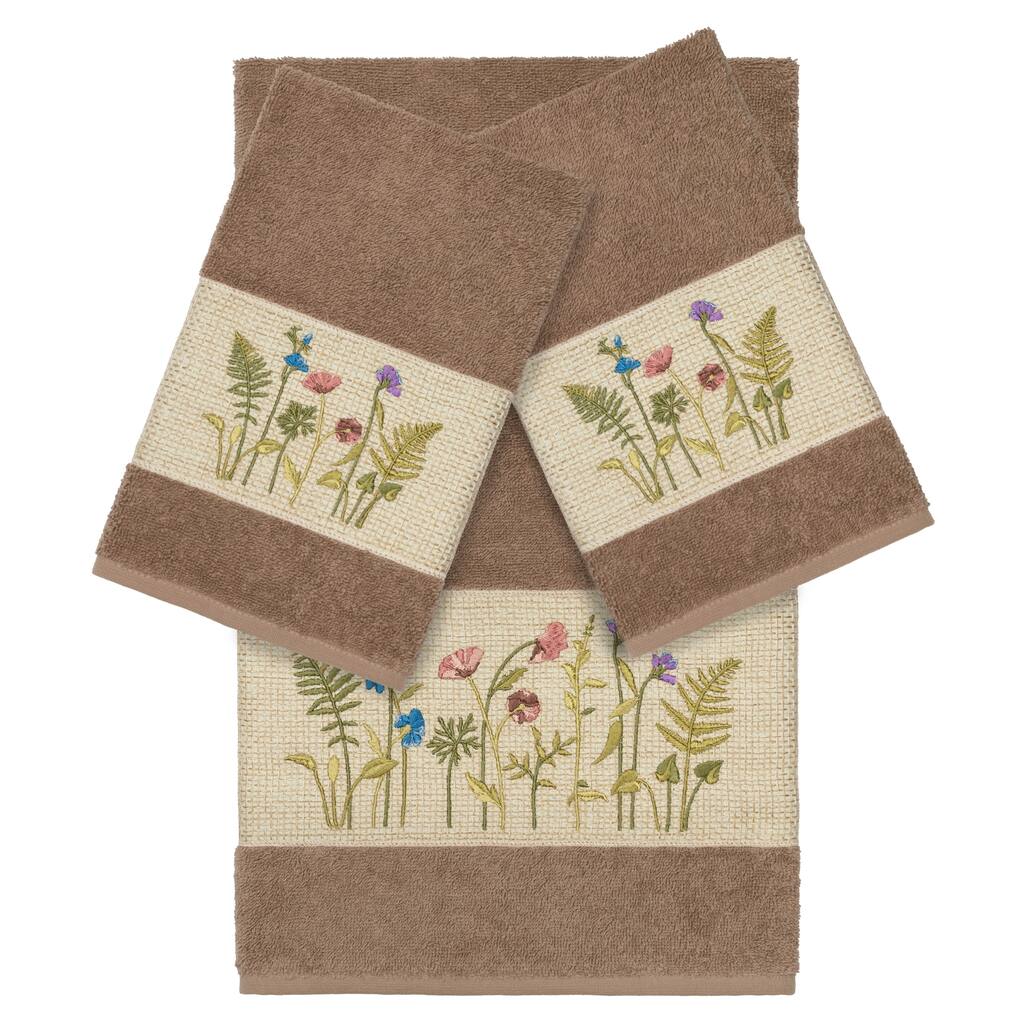 Authentic Hotel and Spa Brown Turkish Cotton Wildflowers Embroidered 3 piece Towel Set