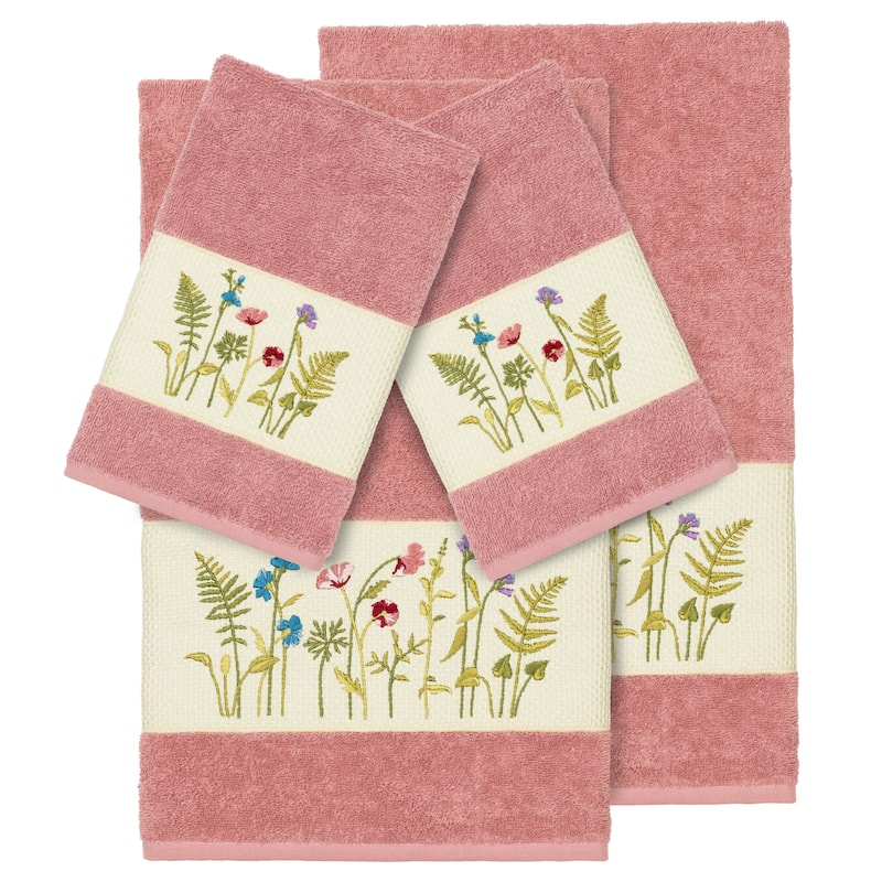 Authentic Hotel and Spa Rose Turkish Cotton Wildflowers Embroidered 4 piece Towel Set