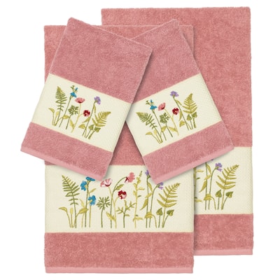 Authentic Hotel and Spa Rose Turkish Cotton Wildflowers Embroidered 4 piece Towel Set