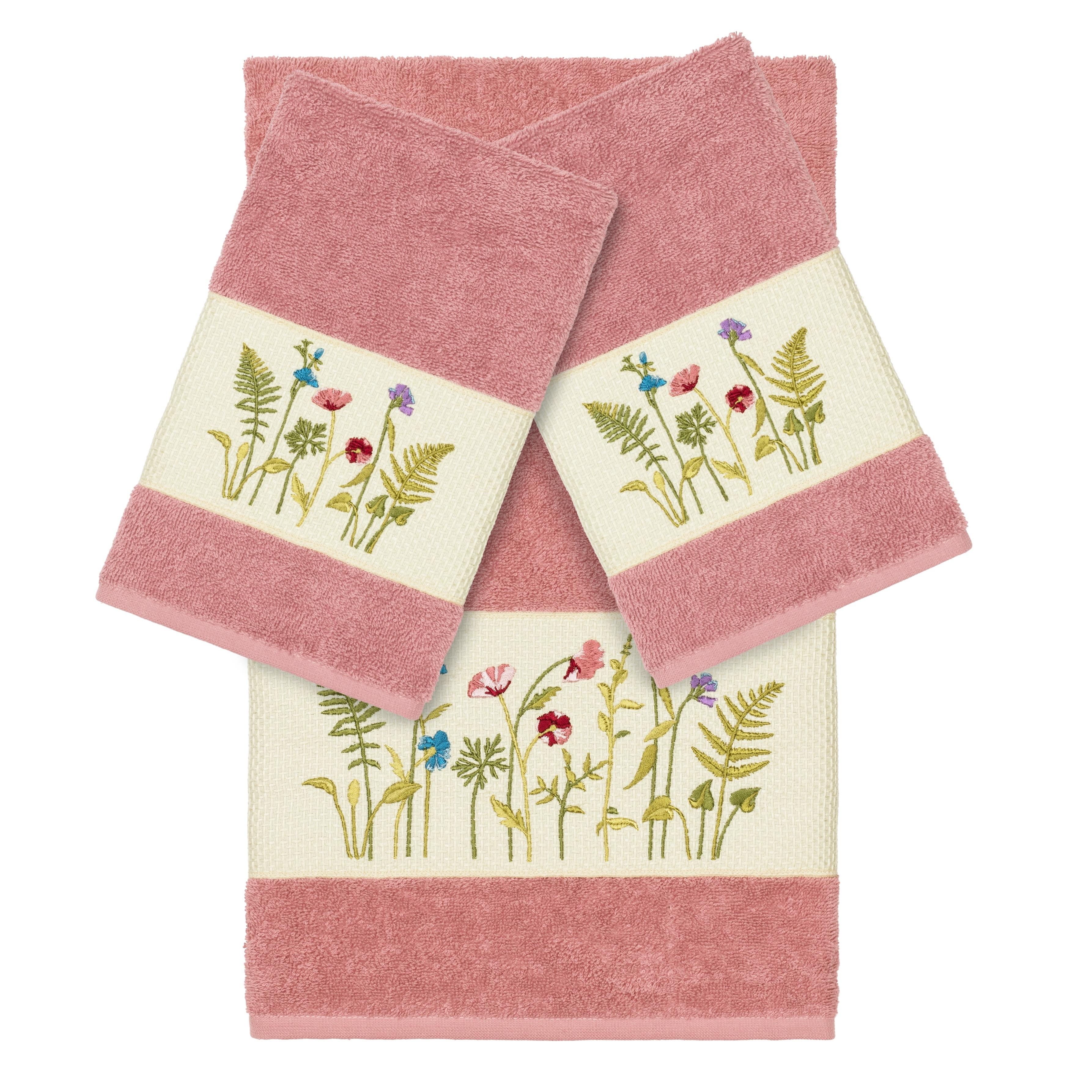 Authentic Hotel and Spa Rose Turkish Cotton Wildflowers Embroidered 3 piece Towel Set - Rose