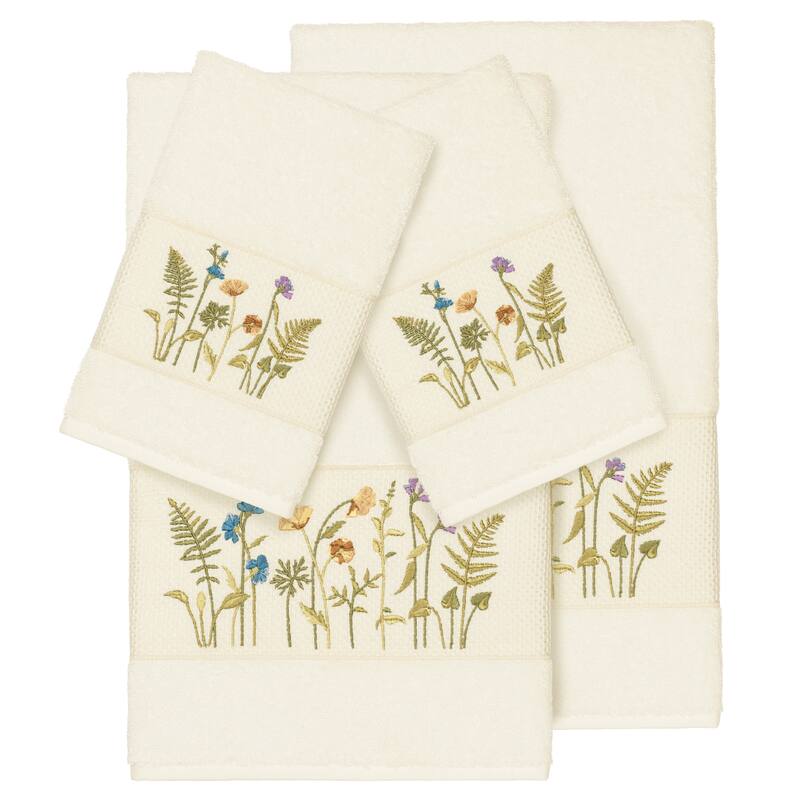 Authentic Hotel and Spa Cream Turkish Cotton Wildflowers Embroidered 4 piece Towel Set