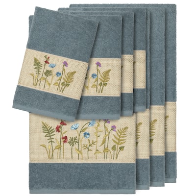 Authentic Hotel and Spa Teal Blue Turkish Cotton Wildflowers Embroidered 8 piece Towel Set