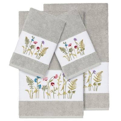 Authentic Hotel and Spa Grey Turkish Cotton Wildflowers Embroidered 4 piece Towel Set
