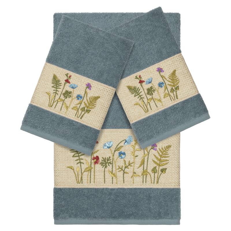 Authentic Hotel and Spa Teal Blue Turkish Cotton Wildflowers Embroidered 3 piece Towel Set