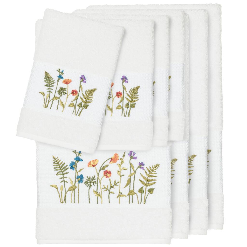 Authentic Hotel and Spa White Turkish Cotton Wildflowers Embroidered 8 piece Towel Set