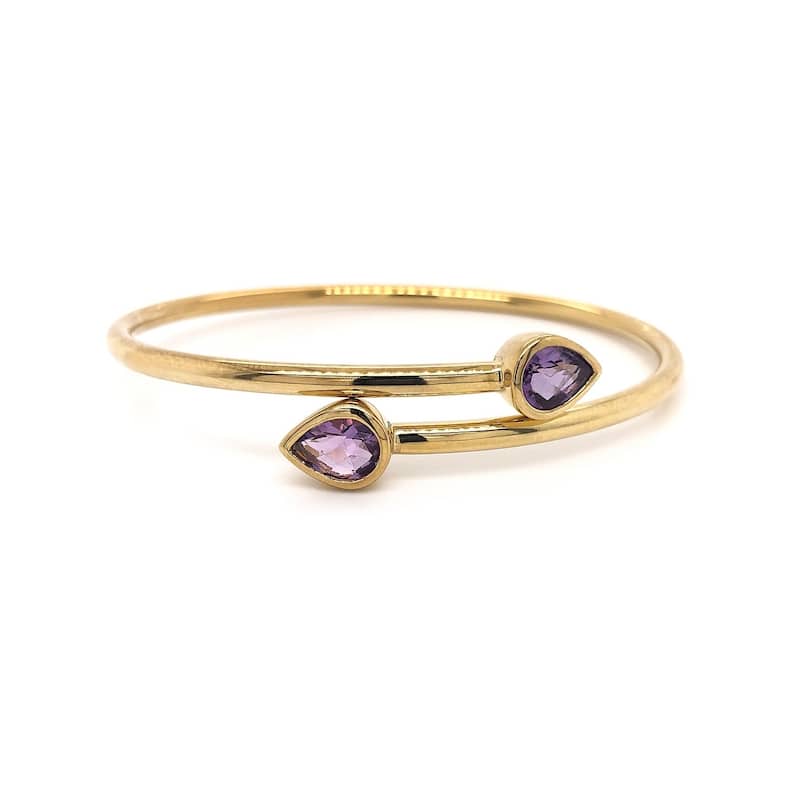 Stackable 2ct Pear Shaped Purple Amethyst Bypass Bangle Bracelet by Auriya in Gold over Silver