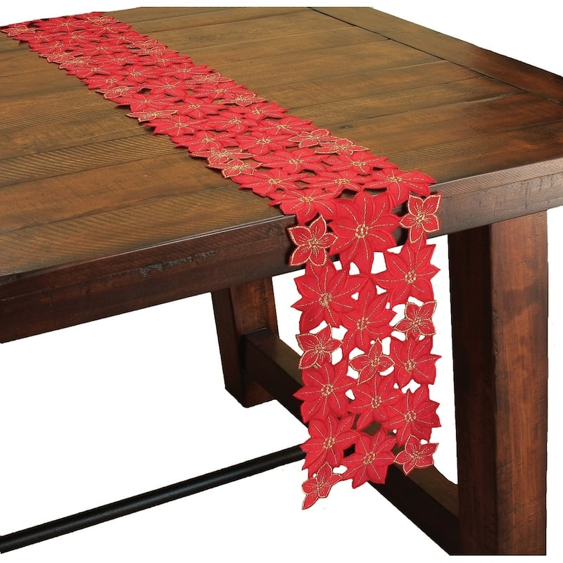 Festive Poinsettia Embroidered Cutwork Holiday Mini Table Runner, 8 by 62-Inch