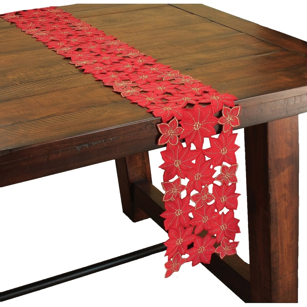 Festive Poinsettia Embroidered Cutwork Holiday Mini Table Runner, 8 by 62-Inch