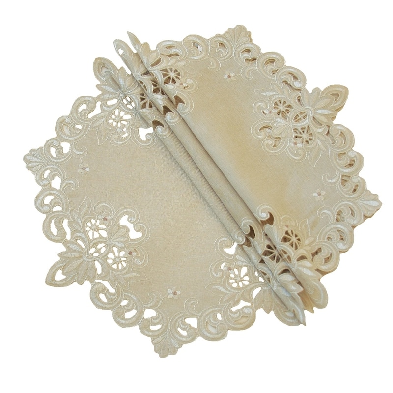 Victorian Lace Embroidered Cutwork Round Doily, 12-Inch, Set of 4, Taupe