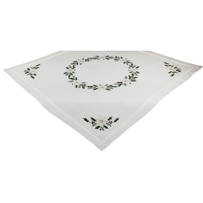 Country Poinsettia Embroidered Hemstitch Table Topper, 34 by 34-InchWhite