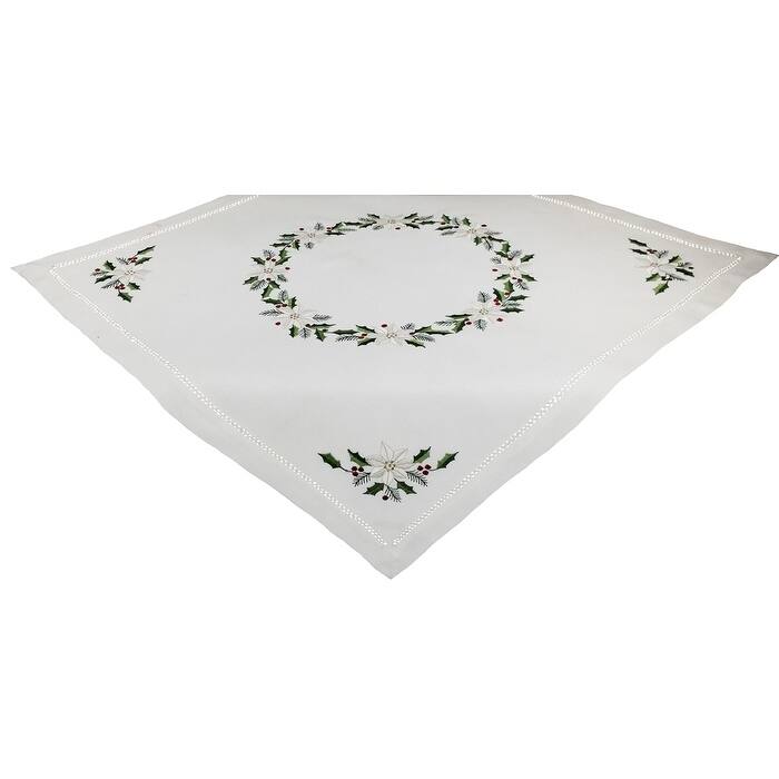 Country Poinsettia Embroidered Hemstitch Table Topper, 34 by 34-InchWhite