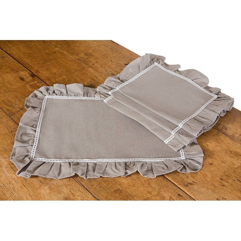 Ruffle Trim Taupe with White Lace Placemats, 14 by 20-Inch, Set of 4