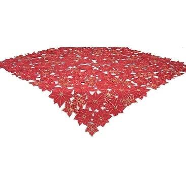 Festive Poinsettia Embroidered Cutwork Holiday Table Topper, 34 by 34-Inch