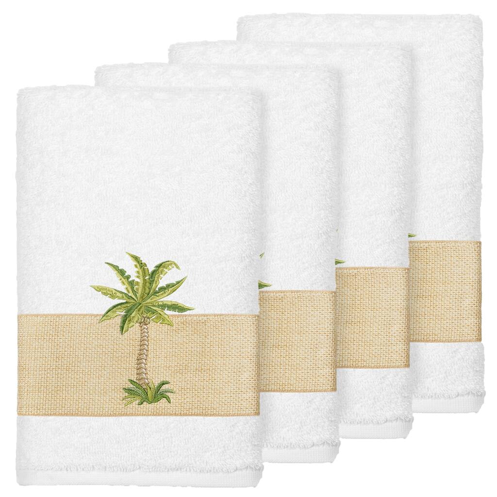 Authentic Hotel and Spa Turkish Cotton Palm Tree Embroidered White Hand Towels (Set of 4)