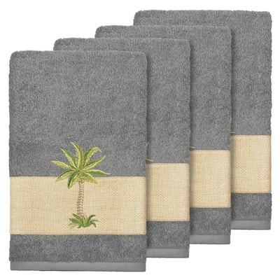 Authentic Hotel and Spa Turkish Cotton Palm Tree Embroidered Charcoal Grey Hand Towels (Set of 4)