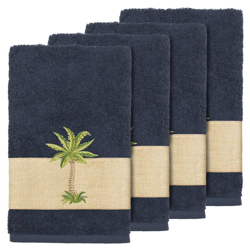 Authentic Hotel and Spa Turkish Cotton Palm Tree Embroidered Midnight Blue Hand Towels (Set of 4)