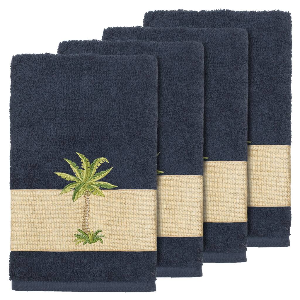 Authentic Hotel and Spa Turkish Cotton Palm Tree Embroidered Midnight Blue Hand Towels (Set of 4)