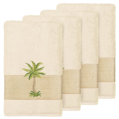 Authentic Hotel and Spa Turkish Cotton Palm Tree Embroidered Cream Hand Towels (Set of 4)