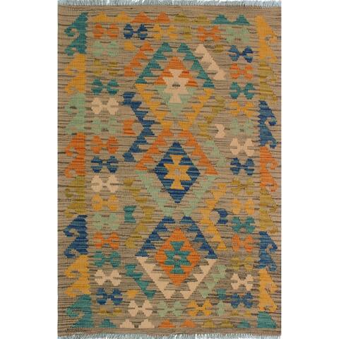 Kilim Phillis Brown/Gold Hand-Woven Wool Rug (2'9 x 4'1) - 2' 7" x 4' 1"