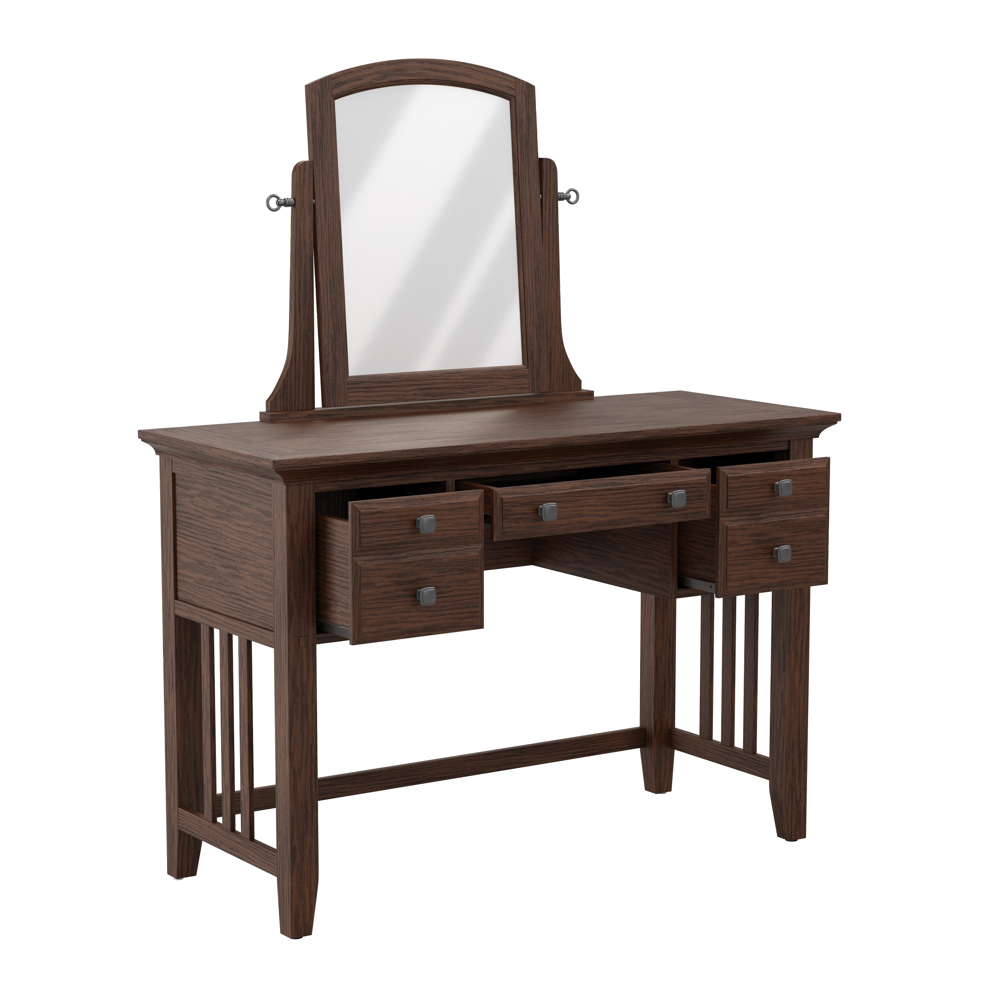 Modern Mission bedroom vanity with a wooden frame and mirror.