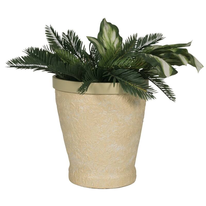 Hand-Made Embossed Beige Polyresin Planter, Medium