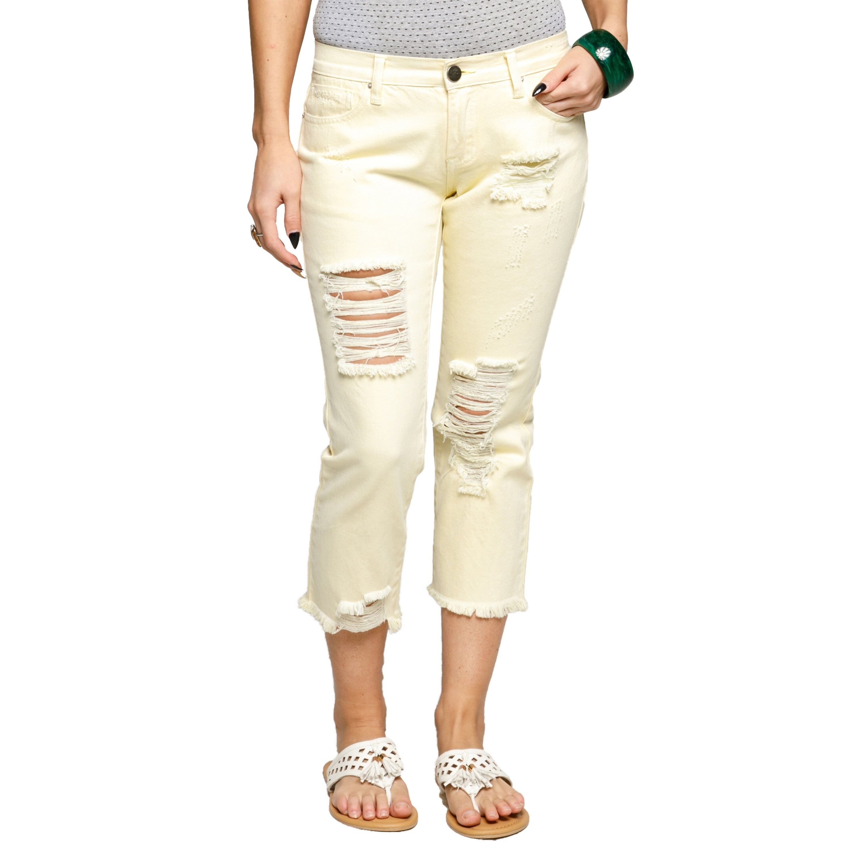 womens distressed jean capris