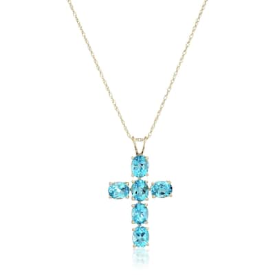 10k Yellow Gold Swiss Blue Topaz Oval Cross Pendant Necklace, 18"