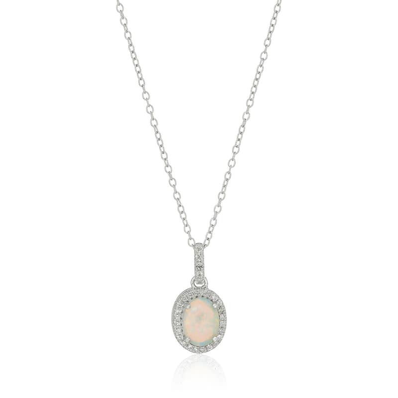 Ster Silver Oval Created Opal and White Topaz Pendant Necklace, 18"