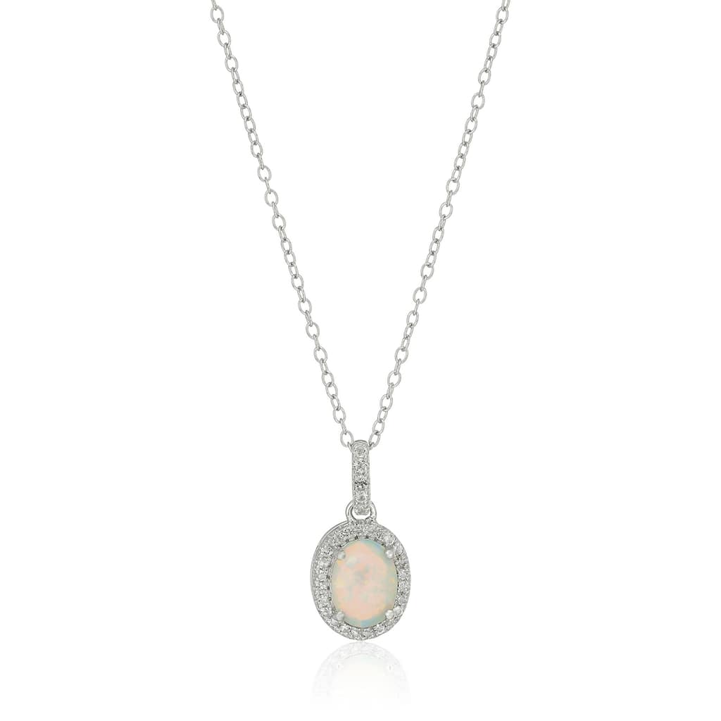Ster Silver Oval Created Opal and White Topaz Pendant Necklace, 18"