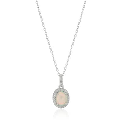 Ster Silver Oval Created Opal and White Topaz Pendant Necklace, 18"
