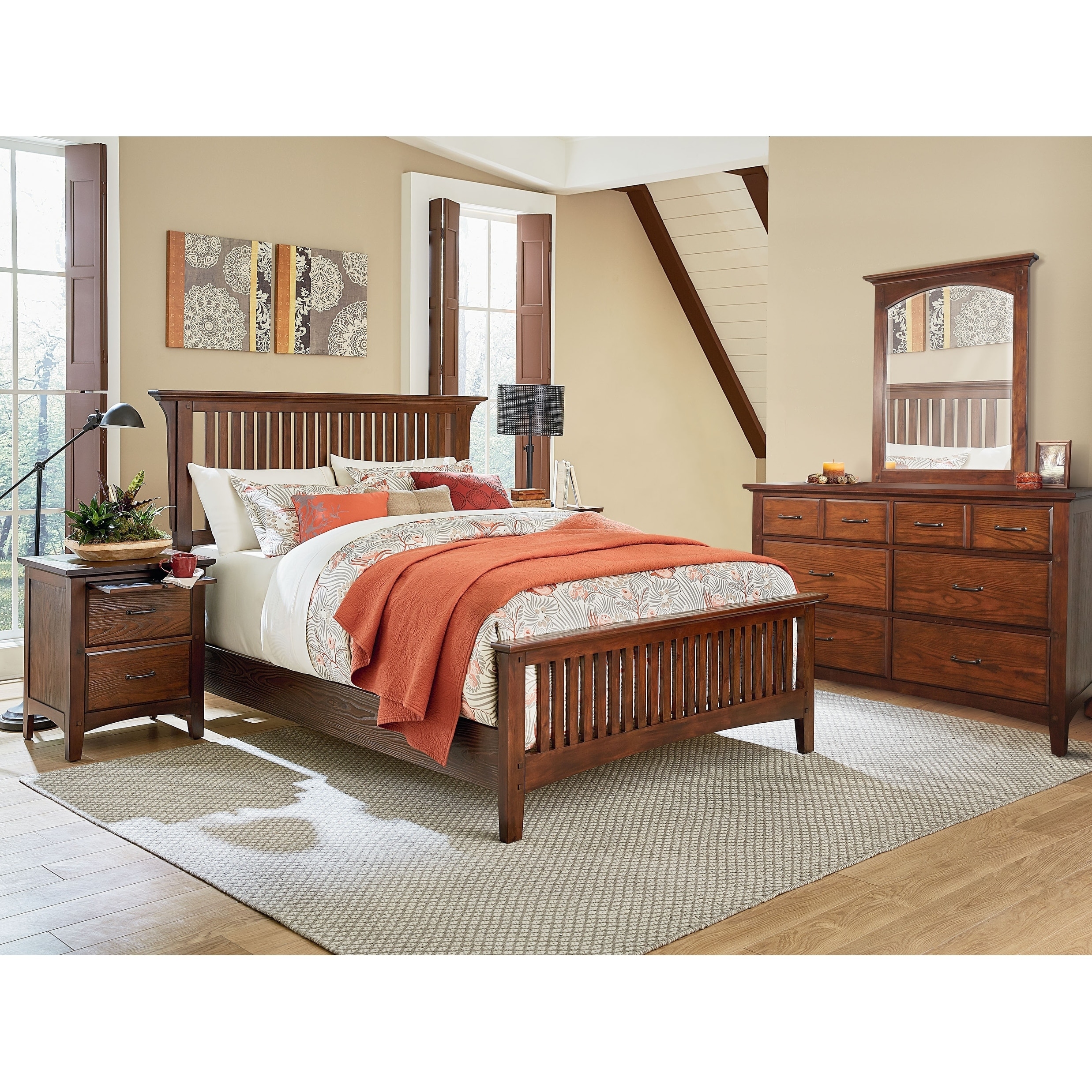 Modern Mission Queen Bedroom Set With 2 Nightstands And 1 Dresser With Mirror Overstock 21174086