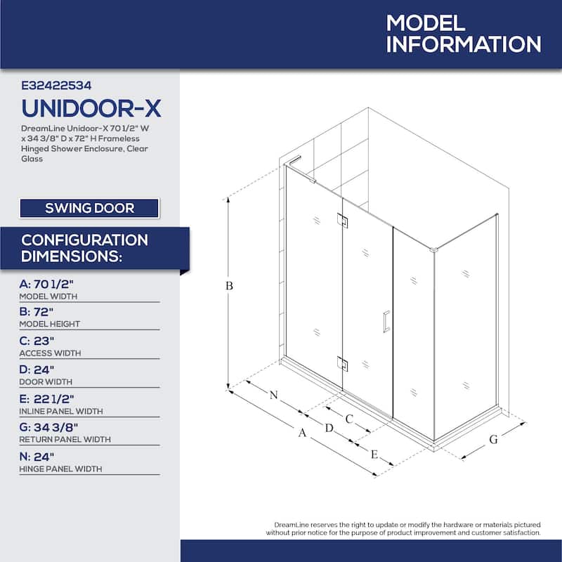 DreamLine Unidoor-X 70 1/2 in. W x 34 3/8 in. D x 72 in. H Frameless Hinged Shower Enclosure - 34.38" x 70.5"