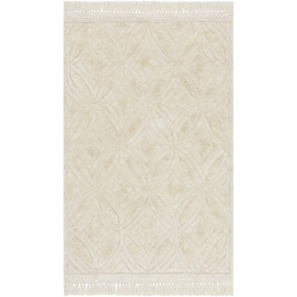 Hand-tufted Ivory Geometric Modern Shag Rug with Crochet Fringe