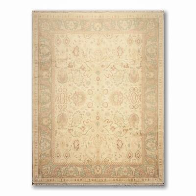 Hand-Knotted Traditional Pure Wool Oushak Oriental Area Rug - Warm Beige/Aqua - 8'10" x 12'
